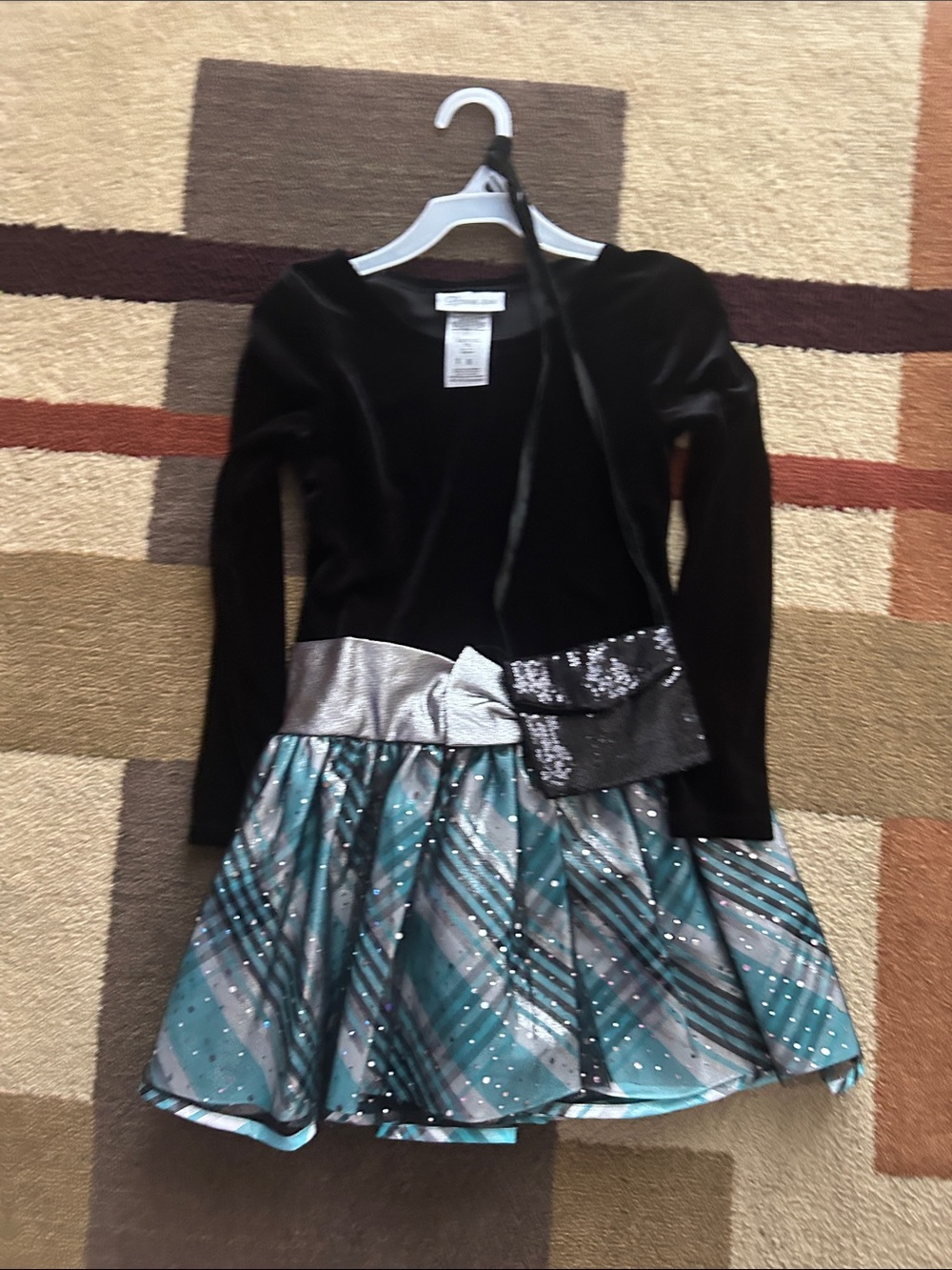 Black Velvet Top Dress with Teal Plaid Skirt and Silver Waistband with Purse